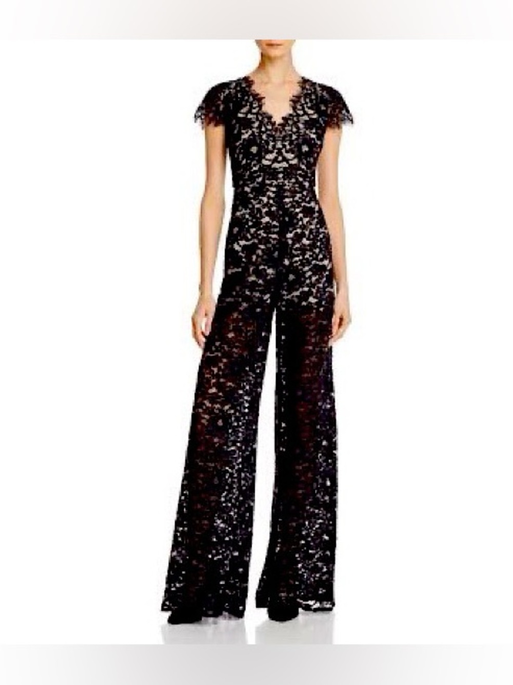 Alice + Olivia Black Lace Cap-Sleeve Wide-Leg Jumpsuit Sz 0